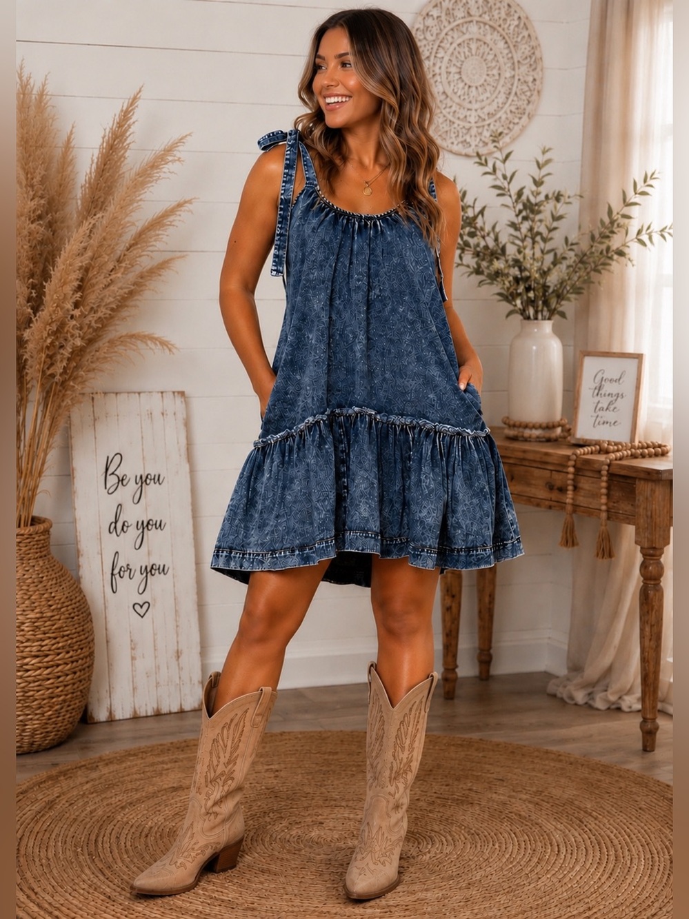 Sleeveless Washed Denim Tie-Shoulder Mini Dress
